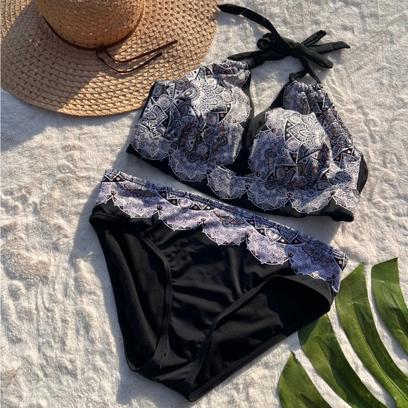 Swimsuits For All Avenger Halter Bikini Set Black White Lace Print - Picture 3 of 10